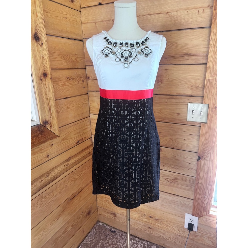 Jeweled Neckline Sheath Dress‎ Womens Small White Pink Black Lace Mixed Kensie
